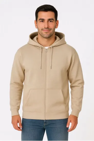 Erkek 3 İplik Pamuklu Kapüşonlu Tam Fermuarlı Cepli Hoodie Sweatshirt - Bej Erkek 3 İplik Pamuklu Kapüşonlu Tam Fermuarlı Cepli Hoodie Sweatshirt - Bej