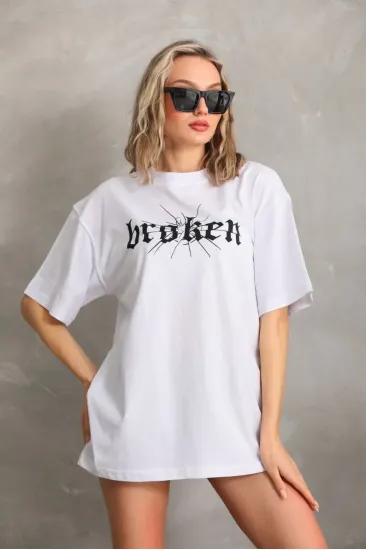 Kadın Kısa Kol Yazlık Tişört Bisiklet Yaka Baskılı Oversize T-Shirt - Beyaz Kadın Kısa Kol Yazlık Tişört Bisiklet Yaka Baskılı Oversize T-Shirt - Beyaz
