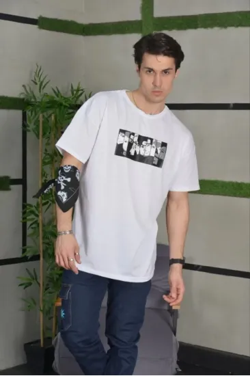 Erkek Kısa Kol Yazlık Tişört Bisiklet Yaka Baskılı Oversize T-Shirt - Beyaz Erkek Kısa Kol Yazlık Tişört Bisiklet Yaka Baskılı Oversize T-Shirt - Beyaz
