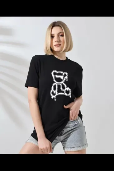 Kadın Bisiklet Yaka Baskılı Kısa kol T-Shirt - Siyah Kadın Bisiklet Yaka Baskılı Kısa kol T-Shirt - Siyah