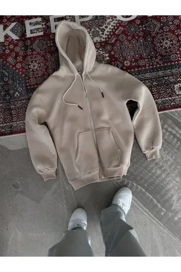 Kadın 3 İplik Pamuklu Kapüşonlu Kanguru Cepli Baskılı Oversize Hoodie Sweatshirt - Bej