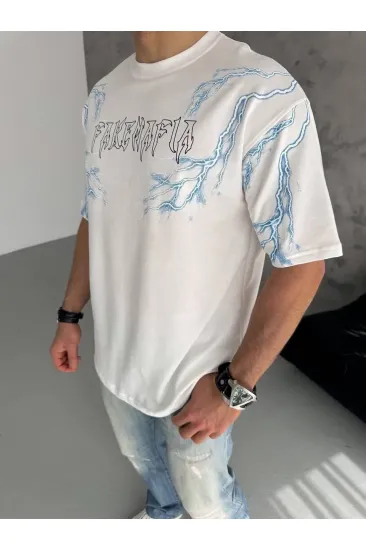 Erkek Bisiklet Yaka Yıldırım Baskılı Kısa kol T-Shirt - Beyaz Erkek Bisiklet Yaka Yıldırım Baskılı Kısa kol T-Shirt - Beyaz