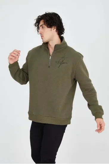 Erkek Yarım Fermuarlı Baskılı 3 iplik pamuklu sweatshirt - Yeşil Erkek Yarım Fermuarlı Baskılı 3 iplik pamuklu sweatshirt - Yeşil