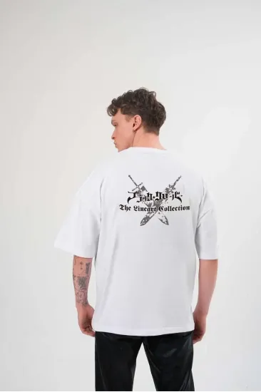 Erkek Kısa Kol Tişört Bisiklet Yaka YONCA Baskılı Oversize T-Shirt -  Beyaz