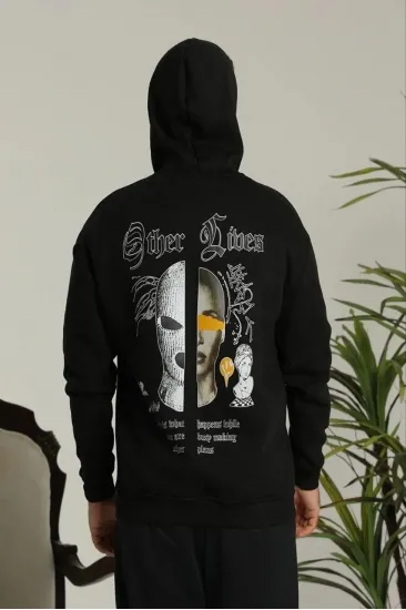 Erkek Kapüşonlu Kanguru Cepli Sweatshirt 3 İplik Pamuklu Baskılı Hoodie - Siyah Erkek Kapüşonlu Kanguru Cepli Sweatshirt 3 İplik Pamuklu Baskılı Hoodie - Siyah