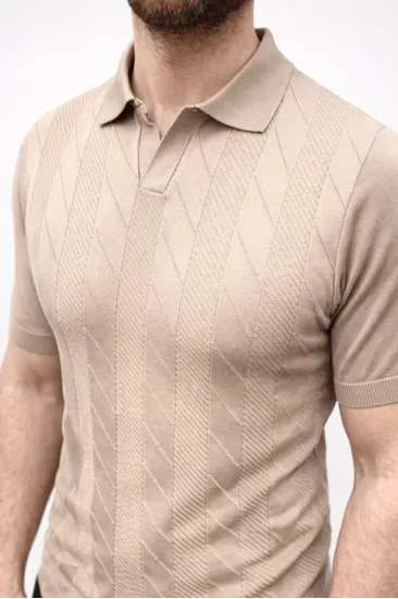 Erkek Yazlık Triko Dokuma Tişört Kısa Kol Polo Yaka T-Shirt - Bej Erkek Yazlık Triko Dokuma Tişört Kısa Kol Polo Yaka T-Shirt - Bej