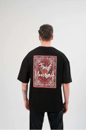 Erkek Kısa Kol Yazlık Tişört Bisiklet Yaka Baskılı Oversize T-Shirt - Siyah
