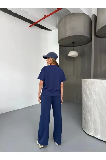 Kadın Osy Modal Yumuşak Dokulu Kumaş Kısa Kollu Bluz Rahat Pantolon ikili Takım- Lacivert