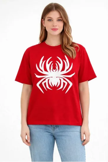 Kadın Örümcek Baskılı Tişört Kısa Kollu Bisiklet Yaka T-Shirt - Kırmızı Kadın Örümcek Baskılı Tişört Kısa Kollu Bisiklet Yaka T-Shirt - Kırmızı