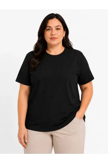 Kadın Battal Big Size Basic Tişört Bisiklet Yaka Rahat Kalıp T-Shirt - Siyah