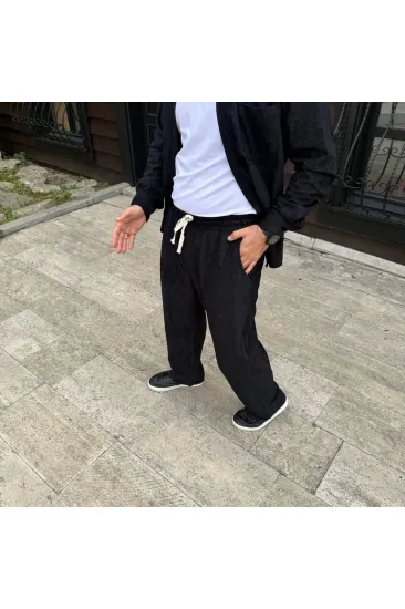 Erkek Fitilli Kadife Cepli Buggy Pantolon Oversize Rahat Kalıp - Siyah Erkek Fitilli Kadife Cepli Buggy Pantolon Oversize Rahat Kalıp - Siyah