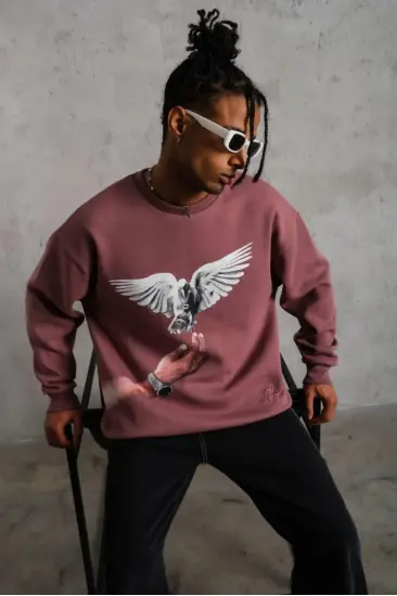 Erkek Güvercin Baskılı Bisiklet Yaka Sweatshirt 3 iplik pamuklu - Gül Kurusu Erkek Güvercin Baskılı Bisiklet Yaka Sweatshirt 3 iplik pamuklu - Gül Kurusu