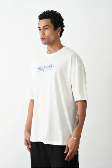 Erkek Kısa Kol Yazlık Tişört Bisiklet Yaka Baskılı Oversize T-Shirt - Beyaz Erkek Kısa Kol Yazlık Tişört Bisiklet Yaka Baskılı Oversize T-Shirt - Beyaz