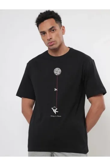 Erkek Baskılı T-Shirt Kısa Kol Bisiklet Yaka Regular Fit Rahat Kalıp Tişört - Siyah