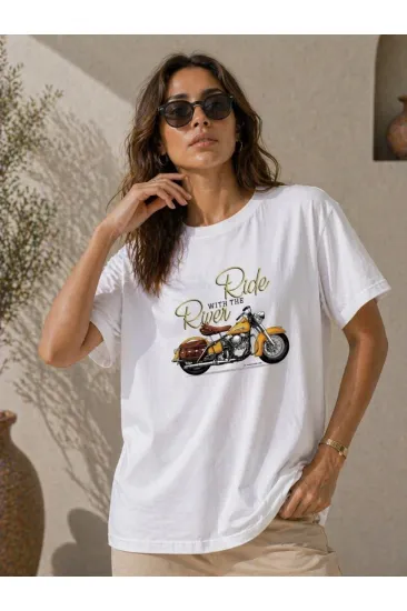 Kadın Motosiklet Baskılı Tişört Bisiklet Yaka Kısa Kol Yazlık T-Shirt - Beyaz