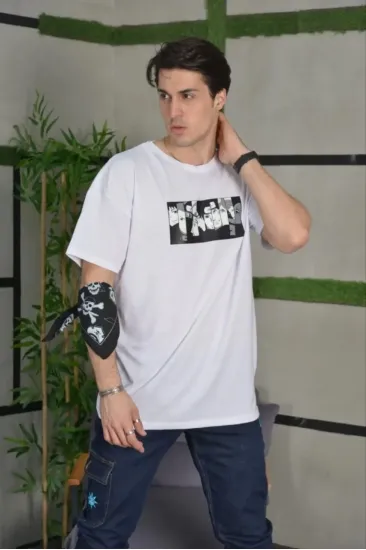 Erkek Kısa Kol Yazlık Tişört Bisiklet Yaka Baskılı Oversize T-Shirt - Beyaz Erkek Kısa Kol Yazlık Tişört Bisiklet Yaka Baskılı Oversize T-Shirt - Beyaz