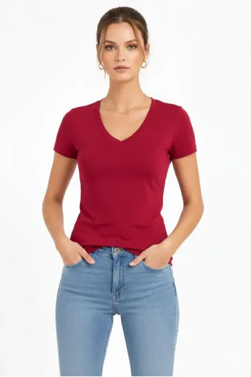 Kadın T-Shirt V Yaka Slim Fit Likralı Tişört Yazlık Basic Body - Kırmızı