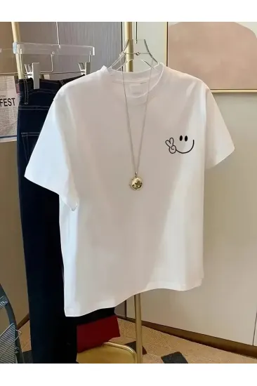 Kadın Gülücük Baskılı Tişört Kısa Kol Bisiklet Yaka Oversize T-Shirt - Beyaz