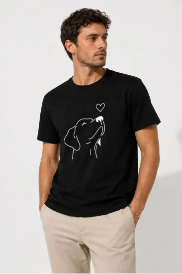 Erkek Köpek Figürlü Minimal Baskılı Tişört Kısa Kol Yazlık T-Shirt - Siyah Erkek Köpek Figürlü Minimal Baskılı Tişört Kısa Kol Yazlık T-Shirt - Siyah