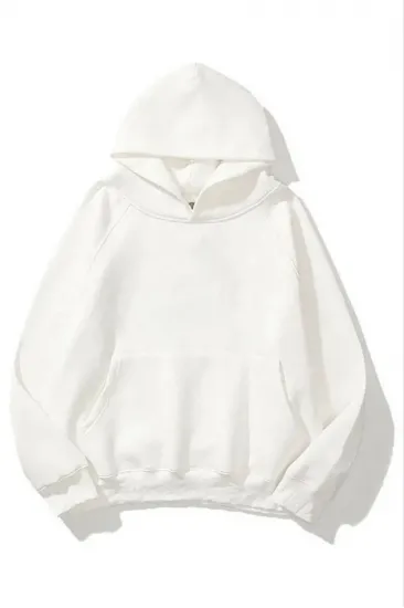 Kadın Kapüşonlu Kanguru Cepli 3 İplik Pamuklu Düz Hoodie Sweatshirt - Beyaz Kadın Kapüşonlu Kanguru Cepli 3 İplik Pamuklu Düz Hoodie Sweatshirt - Beyaz