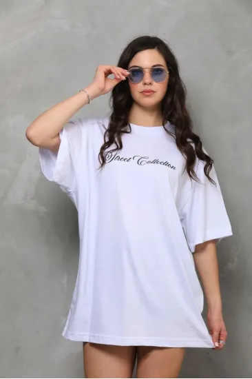 Kadın Baskılı T-Shirt Kısa Kol Bisiklet Yaka Oversize Rahat Kalıp Günlük Tişört - Beyaz Kadın Baskılı T-Shirt Kısa Kol Bisiklet Yaka Oversize Rahat Kalıp Günlük Tişört - Beyaz