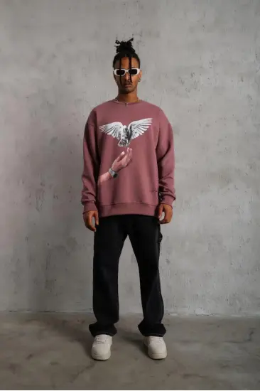 Erkek Güvercin Baskılı Bisiklet Yaka Sweatshirt 3 iplik pamuklu - Gül Kurusu Erkek Güvercin Baskılı Bisiklet Yaka Sweatshirt 3 iplik pamuklu - Gül Kurusu