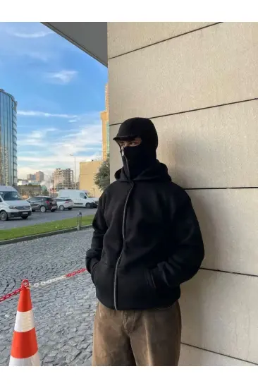 Samuray Ninja Çift Kapşonlu ZIP Fermuarlı Kanguru Çepli Tam Fermuarlı Hoodie Swetshirt - Siyah