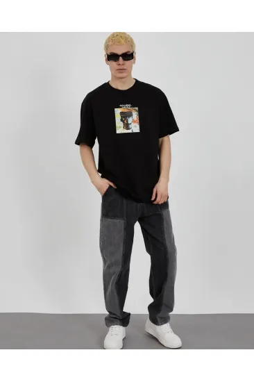 Erkek Kısa Kol Yazlık Tişört Bisiklet Yaka Baskılı Oversize T-Shirt - Siyah Erkek Kısa Kol Yazlık Tişört Bisiklet Yaka Baskılı Oversize T-Shirt - Siyah