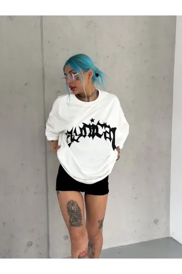 kadın Bisiklet Yaka Baskılı Oversize Kısa kol T-Shirt - Beyaz kadın Bisiklet Yaka Baskılı Oversize Kısa kol T-Shirt - Beyaz