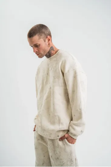 Erkek 3 İplik Pamuklu Yağ Yıkamalı Bisiklet Yaka Sweatshirt Oversize Hoodie - Krem Erkek 3 İplik Pamuklu Yağ Yıkamalı Bisiklet Yaka Sweatshirt Oversize Hoodie - Krem