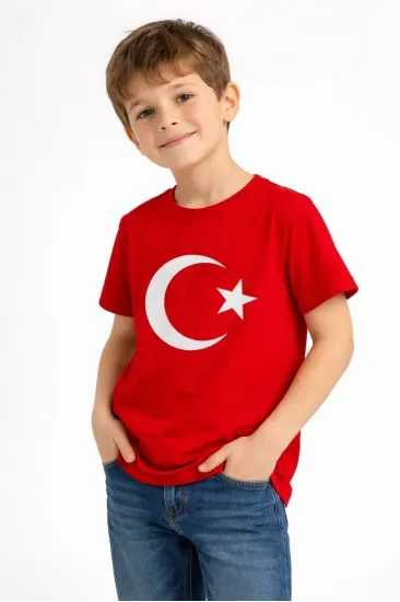 Erkek Çocuk Tişört Bisiklet Yaka Ay Yıldız Bayrak Baskılı T-Shirt - Kırmızı