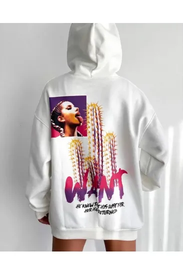 Kadın Oversize Kapüşonlu Cepli WANT Baskılı 3 İplik Pamuklu Hoodie Sweatshirt - Beyaz Kadın Oversize Kapüşonlu Cepli WANT Baskılı 3 İplik Pamuklu Hoodie Sweatshirt - Beyaz