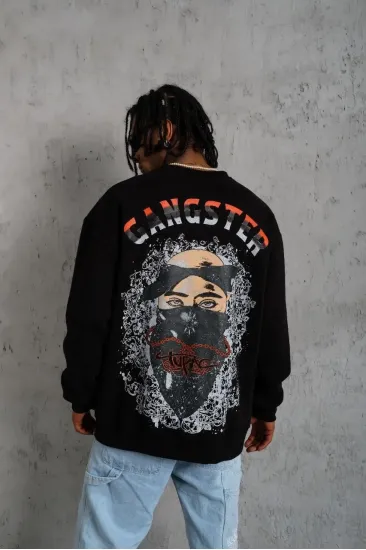 Erkek 3 İplik Pamuklu Bisiklet Yaka Gangster Baskılı Sweatshirt - Siyah