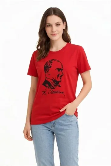 Kadın Atatürk Baskılı Tişört Kısa Kollu Bisiklet Yaka T-Shirt - Kırmızı Kadın Atatürk Baskılı Tişört Kısa Kollu Bisiklet Yaka T-Shirt - Kırmızı