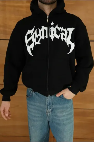 Erkek Kapüşonlu 3 İplik Şardonlu Önü Baskılı Fermuarlı Oversize Sweatshirt - Siyah