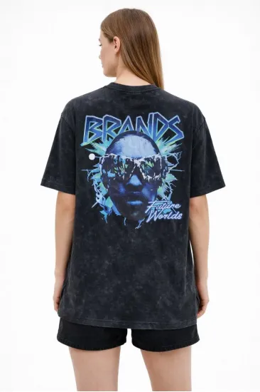 Kadın Asit Yıkamalı Oversize Tişört Bisiklet Yaka Kısa Kol T-shirt - Siyah Kadın Asit Yıkamalı Oversize Tişört Bisiklet Yaka Kısa Kol T-shirt - Siyah