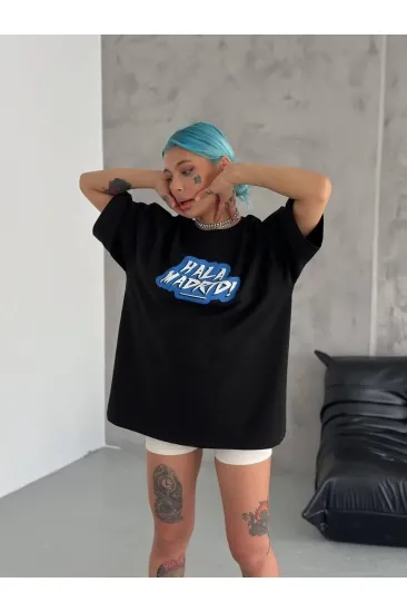 Kadın Kısa Kol Yazlık Tişört Bisiklet Yaka Baskılı Oversize T-Shirt - Siyah