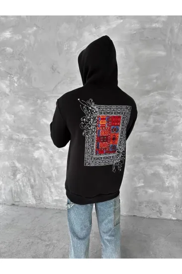 Erkek Kapüşonlu Kanguru Cepli Sweatshirt 3 İplik Pamuklu Baskılı Hoodie - Siyah