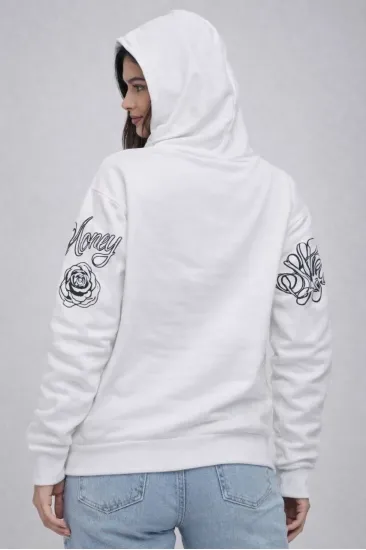 Kadın 3 İplik Pamuklu Kapüşonlu Baskılı SweatShirt hoodie - Beyaz