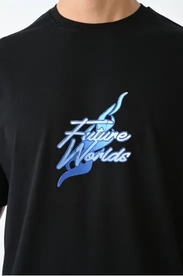 Erkek Kısa Kol Yazlık Tişört Bisiklet Yaka Baskılı Oversize T-Shirt - Siyah Erkek Kısa Kol Yazlık Tişört Bisiklet Yaka Baskılı Oversize T-Shirt - Siyah