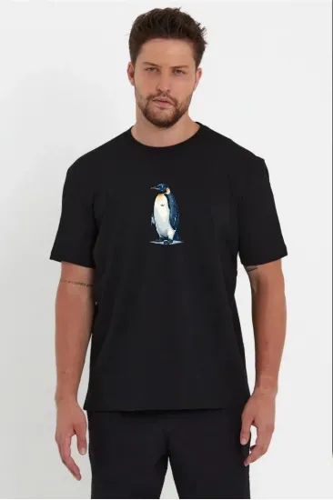 Erkek T-Shirt Penguen Baskılı Bisiklet Yaka Kısa kol yazlık Tişört - Siyah