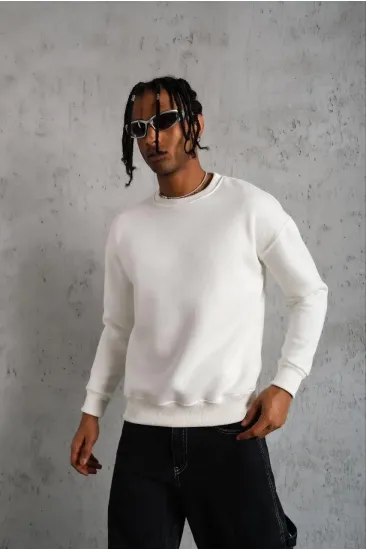 Erkek Düz Bisiklet Yaka 3 iplik pamuklu Sweatshirt - Beyaz Erkek Düz Bisiklet Yaka 3 iplik pamuklu Sweatshirt - Beyaz