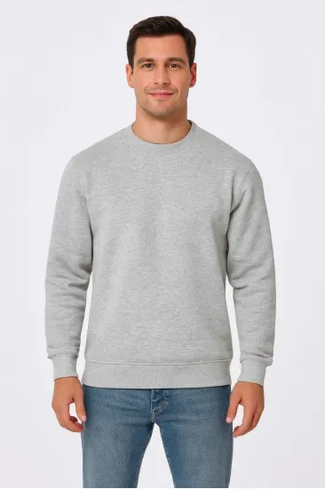 Erkek 3 İplik Pamuklu Düz Bisiklet Yaka SweatShirt - Gri