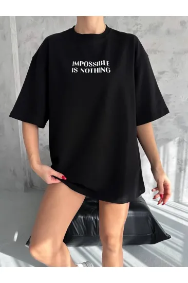 kadın Bisiklet Yaka Baskılı Oversize  Kısa kol T-Shirt - Siyah