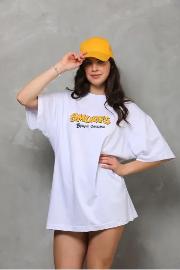 kadın Bisiklet Yaka Baskılı Oversize T-Shirt - Beyaz