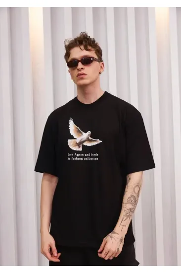 Erkek Kısa Kol Yazlık Tişört Bisiklet Yaka Baskılı Oversize T-Shirt - Siyah