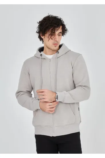 Erkek 3 İplik Pamuklu Kapüşonlu Tam Fermuarlı Cepli Hoodie Sweatshirt - Boyalı Gri