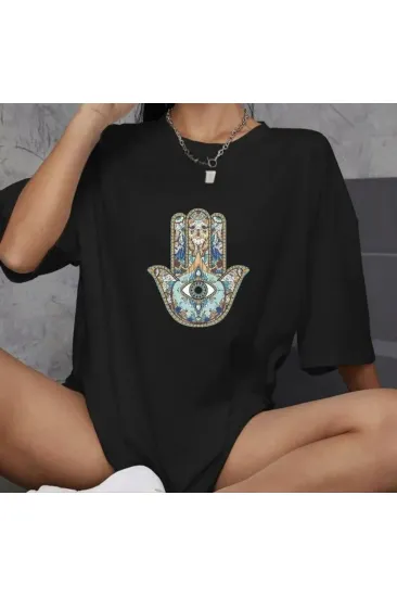Kadın Baskılı T-Shirt Kısa Kol Bisiklet Yaka Oversize Rahat Kalıp Günlük Tişört - Siyah Kadın Baskılı T-Shirt Kısa Kol Bisiklet Yaka Oversize Rahat Kalıp Günlük Tişört - Siyah