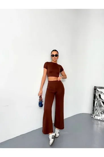 Kadın Modal Yumuşak Kumaş Crop Üst İspanyol Paça Pantolon İkili Takım - Kahverengi Kadın Modal Yumuşak Kumaş Crop Üst İspanyol Paça Pantolon İkili Takım - Kahverengi