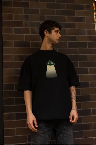 Erkek Kısa Kol Yazlık Tişört Bisiklet Yaka Baskılı Oversize T-Shirt - Siyah